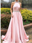 Pink Cute Halter Beaded Backless Criss-Cross A-Line Women Floor-Length Prom Dresses PDS1230