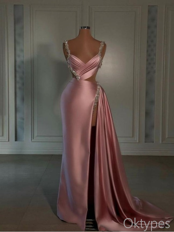 Elegant Blushing-Pink Beaded Mermaid Floor-Length Prom Dresses PDS1114