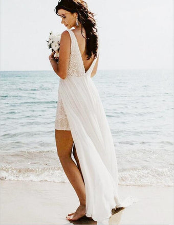 White V-Neck Detachable Train Sequined Long Beach Wedding Dresses, TYP0976