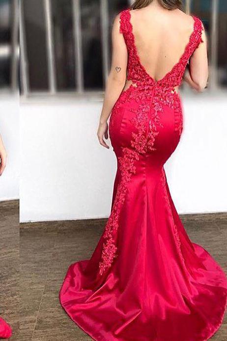 Mermaid V-Neck Lace Appliques Long Cheap Red Prom Dresses, TYP1794