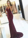 Mermaid Spaghetti Straps Backless Burgundy Lace Prom Dresses with Beaded, TYP1508