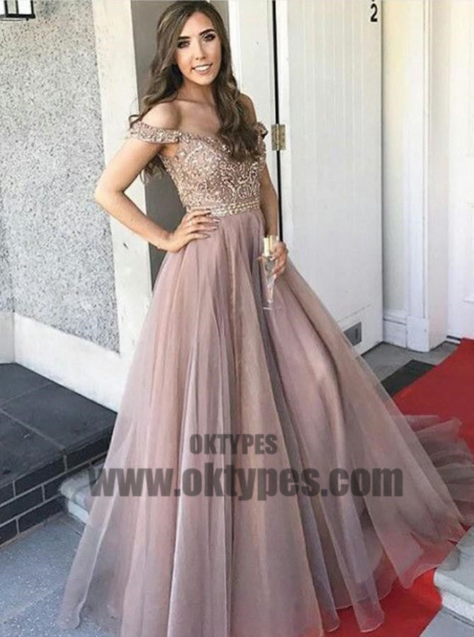 New Arrival A-Line Floor-length Off-Shoulder Tulle Prom gown with Beading,long prom dresses, TYP0425