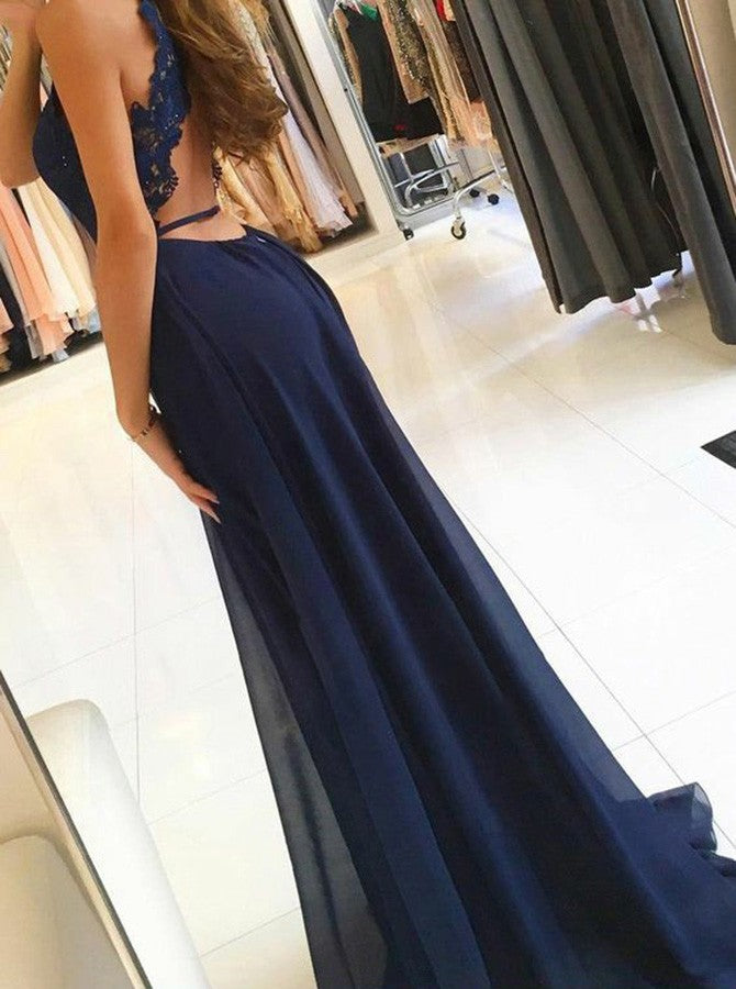 A-Line Round Halter Navy Blue Chiffon Prom Dresses with Lace Split, TYP1528