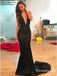 Mermaid Deep V-Neck Long Black Sequined Backless Prom Dresses, TYP1689