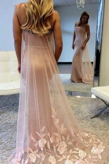 Mermaid Spaghetti Straps Long Cheap Blush Pink Prom Dresses with Appliques Beading, TYP1349