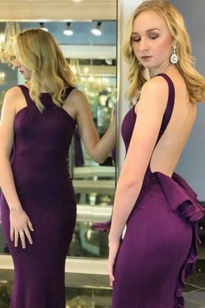 Mermaid Crew Long Cheap Grape Jersey Backless Sleeveless Prom Dresses with Ruffles, TYP1356