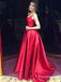 A-Line Round Neck Long Cheap Red Satin Prom Dresses, TYP1388