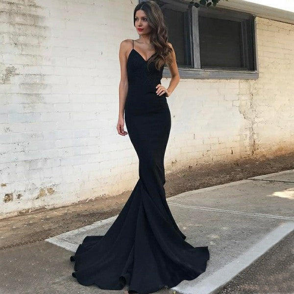 Mermaid Spaghetti Straps Long Cheap Black Stretch Satin Prom Dresses, TYP1260