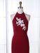 Mermaid Halter Floor-Length Dark Red Prom Dress with Pearls Appliques, TYP1395