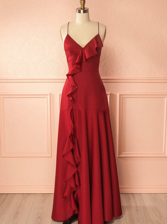 Mermaid Spaghetti Straps Red Satin Prom Dresses with Ruffles, TYP1518
