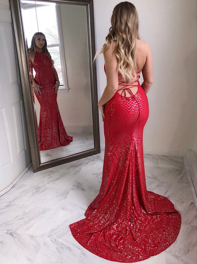 Sheath Jewel Long Cheap Backless Red Sequin Prom Dresses Online, TYP1339