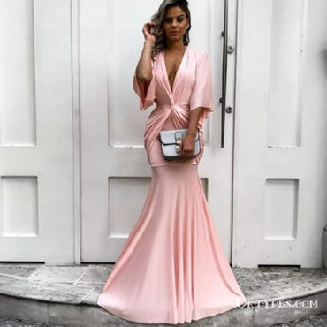 Mermaid Deep V-Neck Half Sleeves Ruched Pink Long Prom Dresses, TYP1625