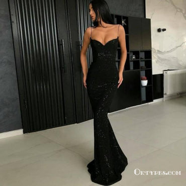 Mermaid Spaghetti Straps Sleeveless Black Sequin Long Prom Dresses, TYP1644