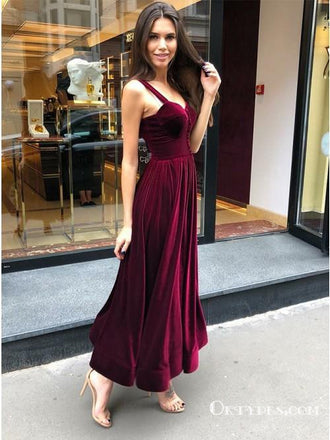 Vintage A-Line Spaghetti Straps Burgundy Velvet Prom Dresses, TYP1683