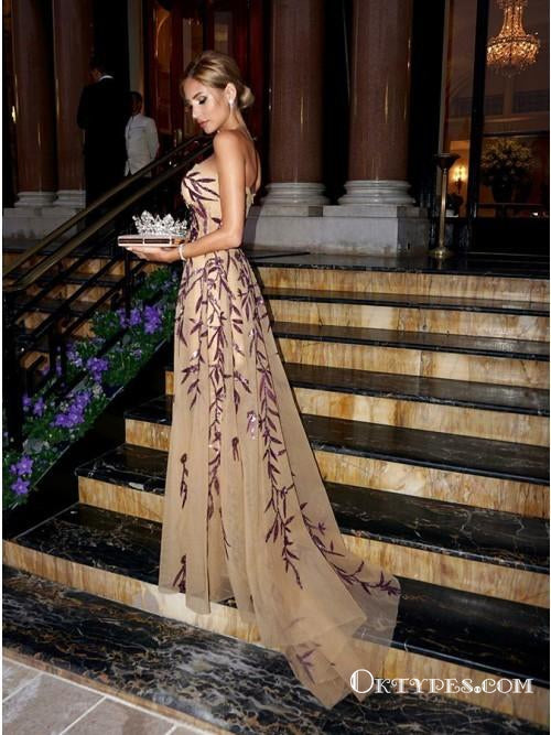 Charming A-Line Long Light Champagne Prom Dresses with Appliques, TYP1734