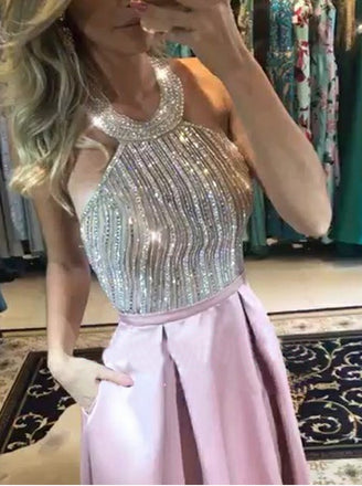 Sparkle Halter Pink Backless Prom Dresses with Pockets, TYP1502