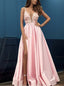 Charming Pink V-neck Sleeveless Split Prom Party Dresses with Appliques, TYP1501