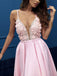 Charming Pink V-neck Sleeveless Split Prom Party Dresses with Appliques, TYP1501