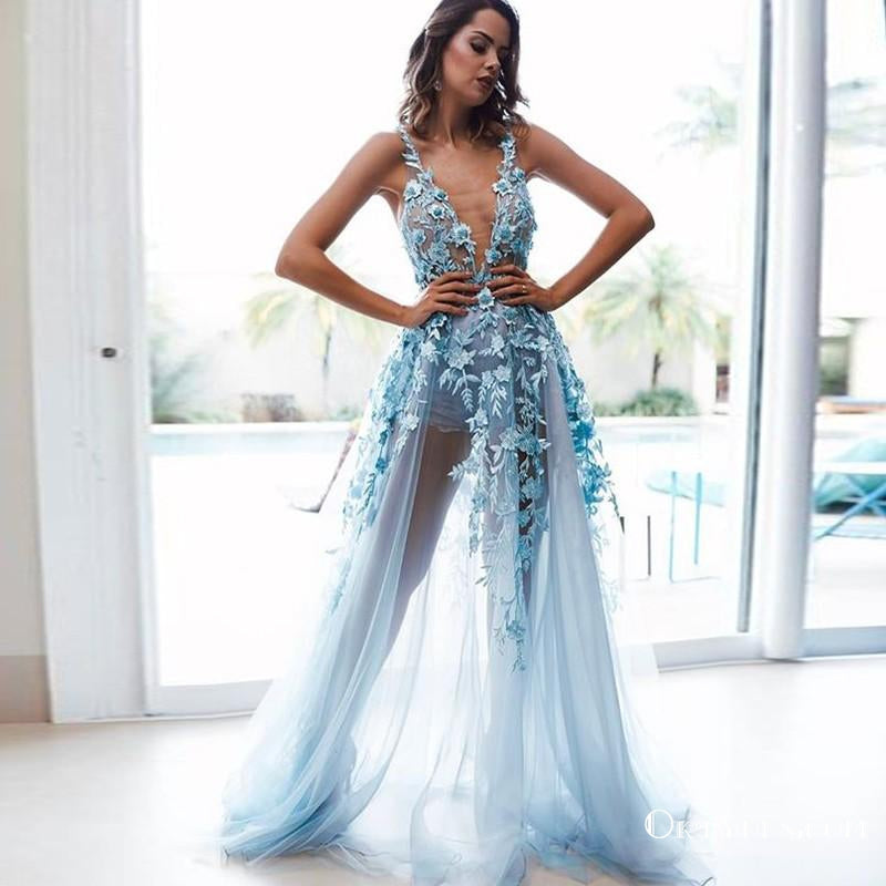 A Line Straps Backless Light Blue Prom Dresses Jumpsuit With Appliques, TYP1822