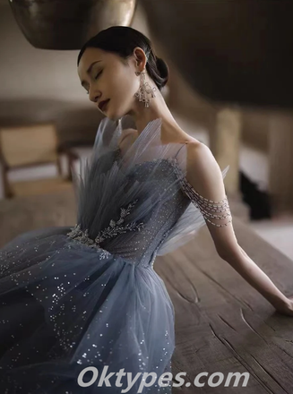 Elegant Tulle Spaghetti Straps Beaded A-Line Long Prom Dresses,Bridal Gowns,PDS0404