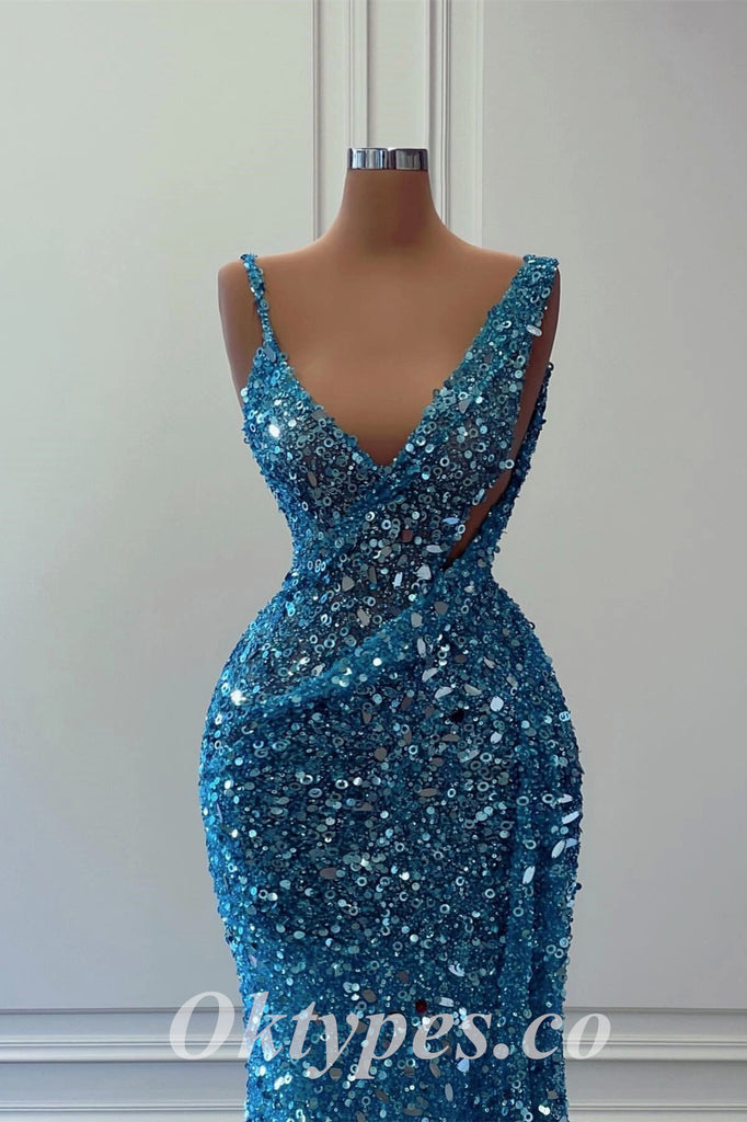 Sexy Sequin Spaghetti Straps V-Neck Mermaid Long Prom Dresses , PDS0881