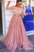 Elegant A-line Long Sleeves Round Neck Long Cheap Prom Dresses With Applique, TYP1813