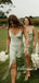 Simple Spaghetti Strap Mint Elastic Silk Side Slit Ankle Length Bridesmaid Dresses, BDS0100