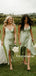 Simple Spaghetti Strap Mint Elastic Silk Side Slit Ankle Length Bridesmaid Dresses, BDS0100