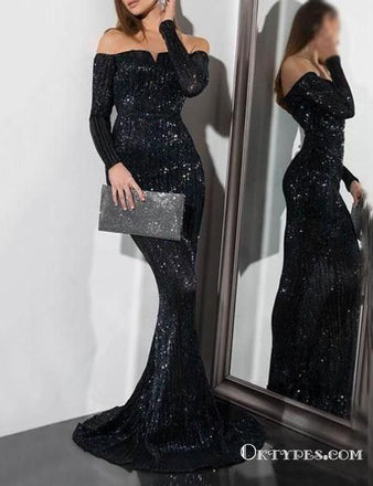 Sequin Long Sleeve Off the Shoulder Black Evening Gowns Prom Dresses, TYP1902