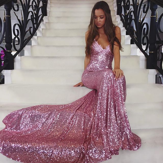 Sexy Pink Sequin Mermaid Prom Dresses, Spaghetti Backless Prom Dresses, TYP0049