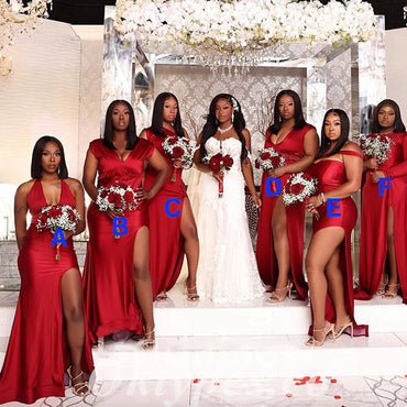 Mismatched Rust Soft Satin Sleeveless Side Slit Mermaid Floor Length Bridesmaid Dressses, BDS0249