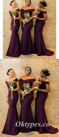 Elegant Soft Satin Off Shoulder V-Neck Sleeveless Mermaid Floor Length Bridesmaid Dressses, BDS0246