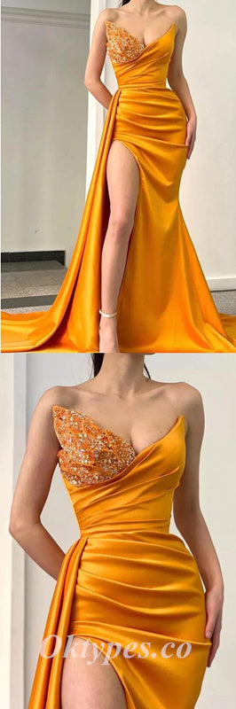 Sexy Satin Sweetheart V-Neck Sleeveless Side Slit Mermaid Long Prom Dresses,PDS0506