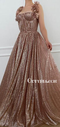 Lovely Spaghetti Straps A-line Sparkly Long Prom Dresses, PDS0288