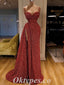 Sexy Rust Sequin Spaghetti Straps V-Neck Side Slit Mermaid Long Prom Dresses,PDS0702