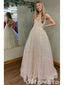 Shiny Sequin Tulle Spaghetti Straps V-Neck Open Back Lace Up A-Line Long Prom Dresses,PDS0430