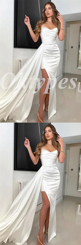 Sexy Soft Satin Sweetheart V-Neck Sleeveless Side Slit Mermaid Long Prom Dresses With Trailing, PDS0886
