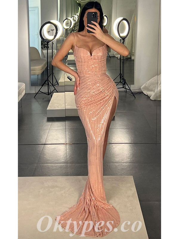 Sexy Special Fabric Spaghetti Straps V-Neck Side Slit Mermaid Long Prom Dresses,PDS0536