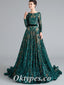 Elegant Tulle And Sequin Lace Long sleeves A-Line Long Prom Dresses, PDS0924