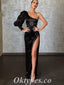 Sexy Black Sequin One Shoulder Long Sleeve Mermaid Long Prom Dresses With Split,PDS0644