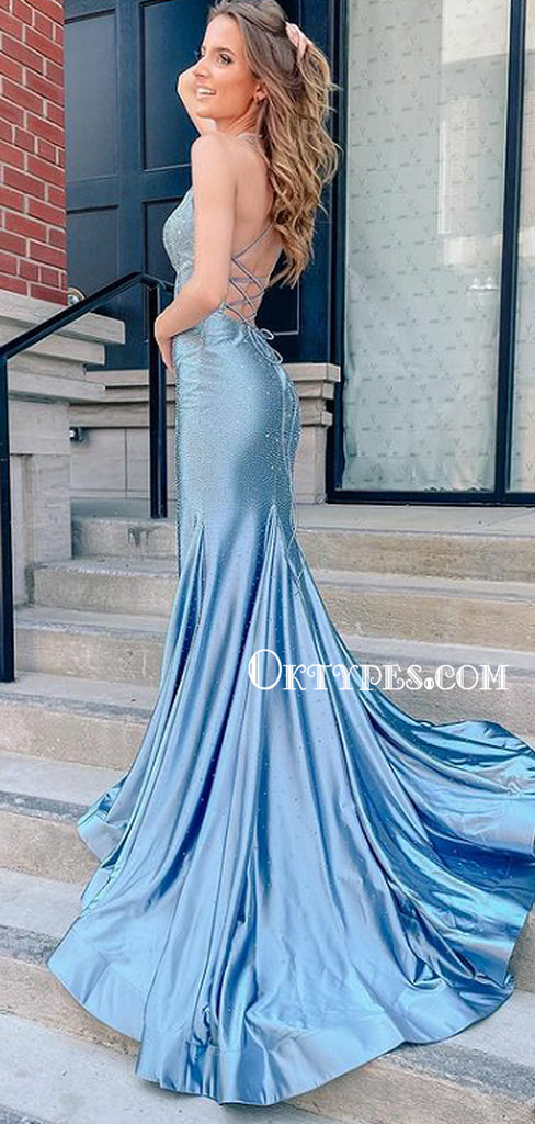 Spaghetti Strap V-neck Mermaid Open Back Sexy Long Prom Dresses, PDS0167