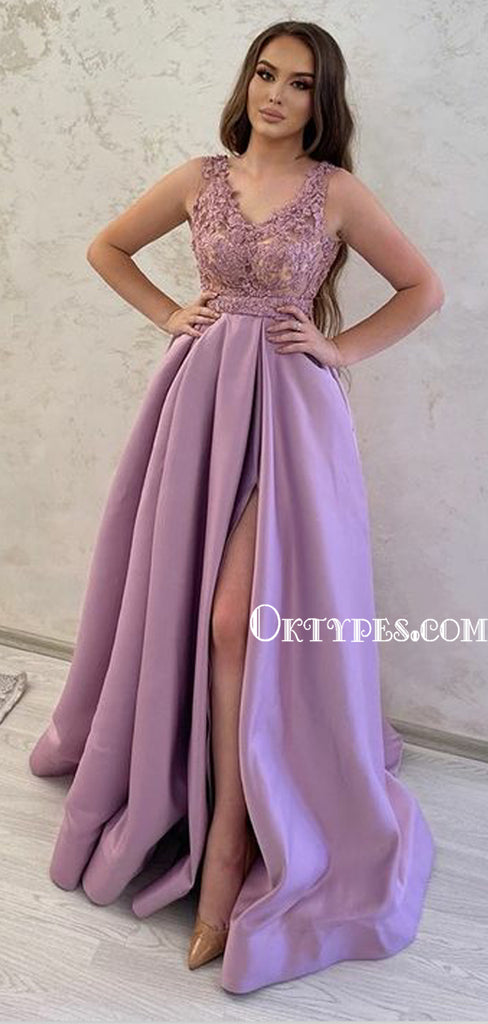 Charming V-neck A-line Lace Side Slit Long Prom Dresses, PDS0168