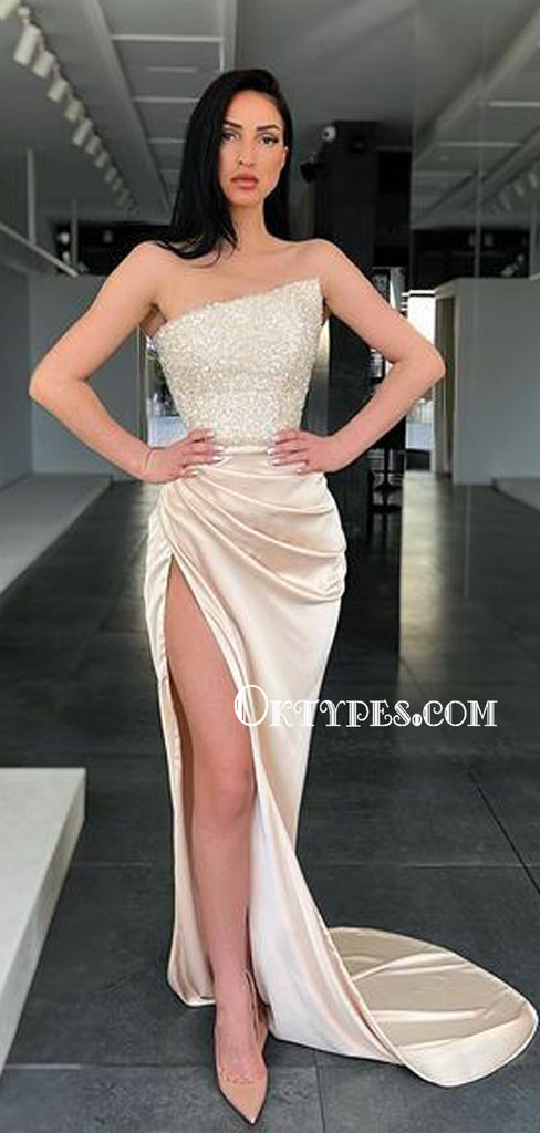Mermaid Straight Sequin Soft Satin Side Slit Long Prom Dresses Online, PDS0209