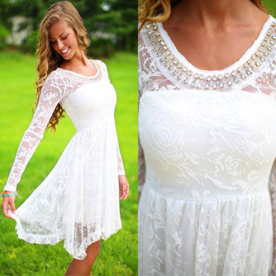 Long sleeve white see through lace simple beaded cheap homecoming prom gown dress, TYP0100
