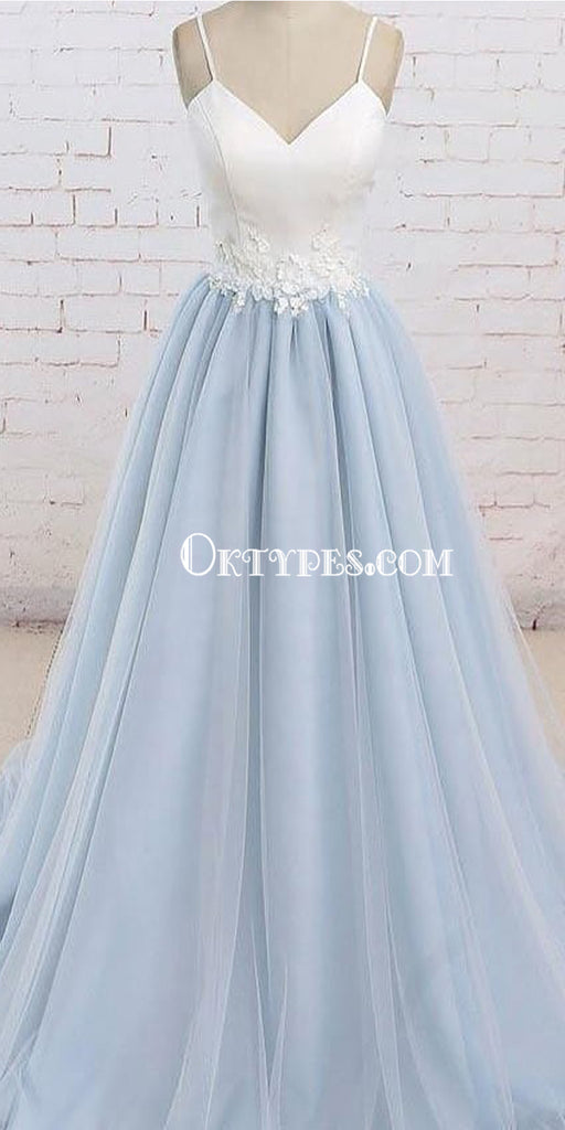 Charming Spaghetti Straps Lace Tulle A-line Cheap Long Prom Dresses, PDS0155