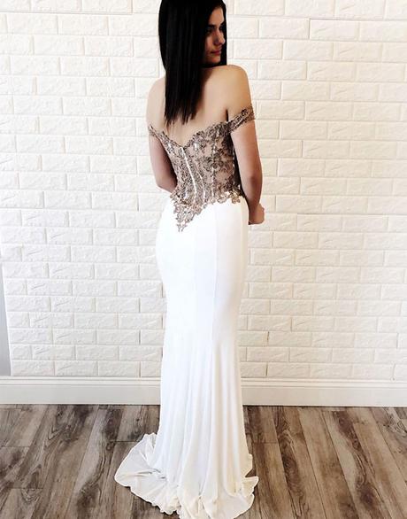 White Off Shoulder Long Cheap Mermaid Prom Dresses With Applique, TYP1907
