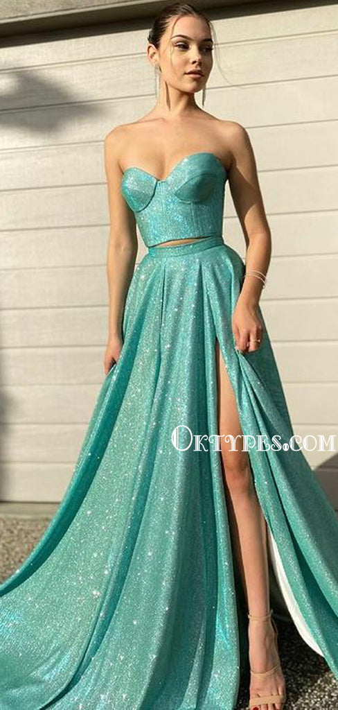 Two-piece Sweetheart A-line Side Slit Satin Long Prom Dresses, PDS0169