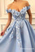 Light blue Off Shoulder A-line Long Prom Dresses With Flower Appliques, TYP1691