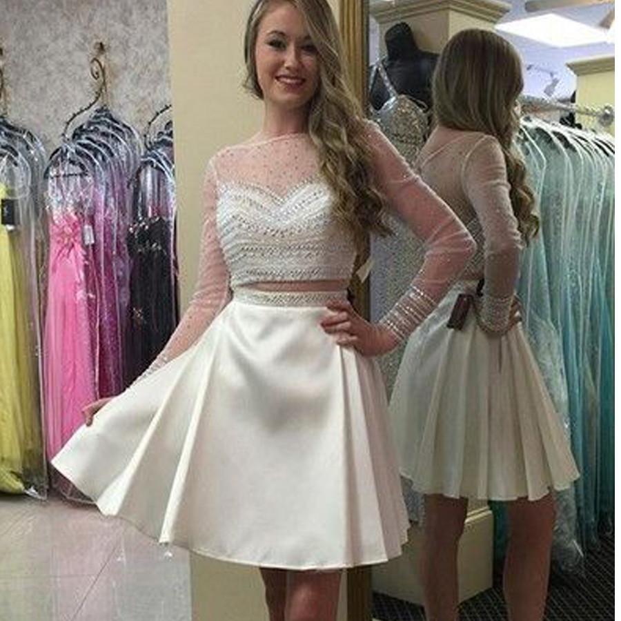 Long sleeve white two pieces simple see through homecoming prom dresses, TYP0101