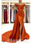 Sexy Burnt-Orange Satin Off Shoulder Side Slit Mermaid Long Prom Dresses With Trailing,PDS0600